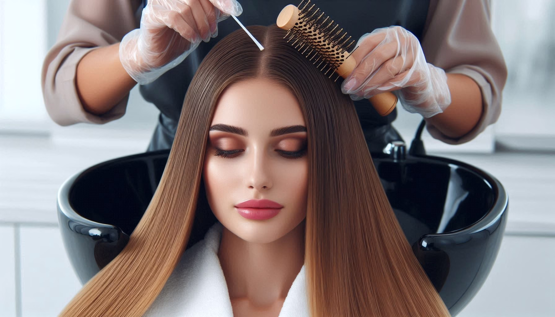A woman getting her hair keratin treatment.