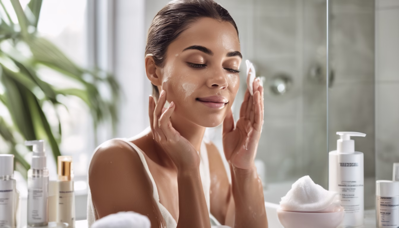 زنی با پوست چرب در حال پاکسازی صورت